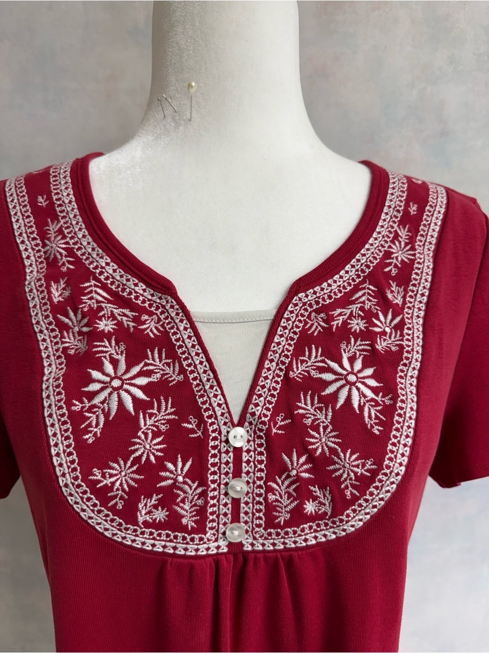 Rebecca Malone Crimson  Red Summer Top with white floral Embroidery along V Neck